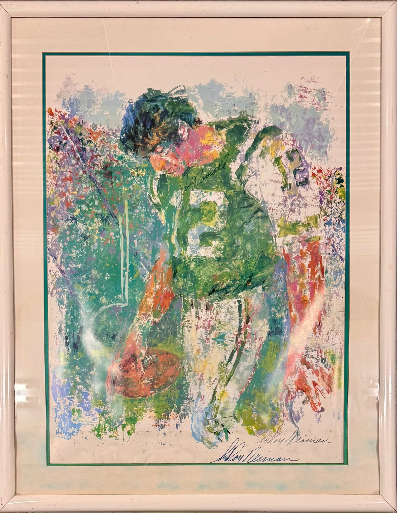 Vintage MCM Serigraph LeRoy Nieman Signed by the artist and Joe Namath: Vintage MCM Serigraph LeRoy Nieman Signed by the artist and Joe Namath, 30 x 22", 37 1/2 x 29 1/2" Framed.Vintage Mid Century Modern serigraph by world renowned sports artist LeRoy Neiman titled The H