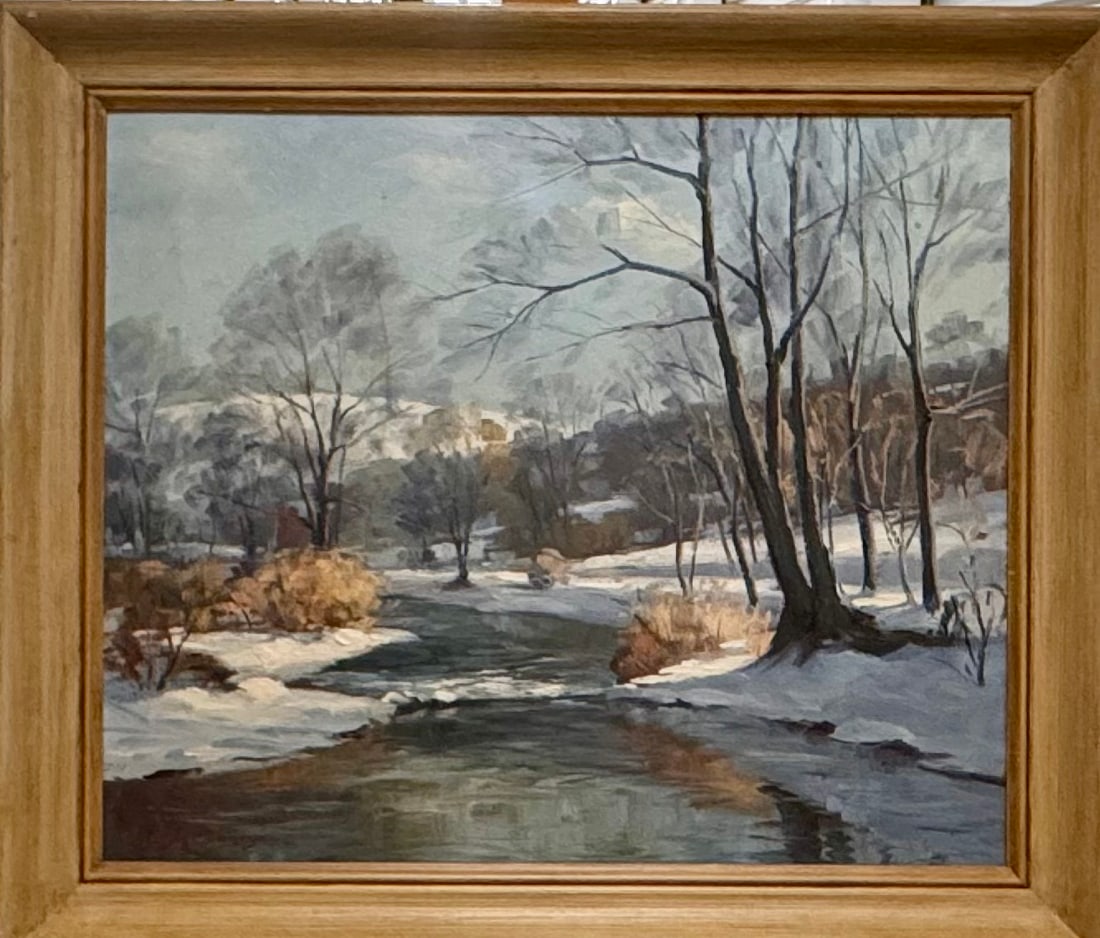 Vintage American Impressionist Pennsylvania John E. Berninger Winter landscape oil painting signed (1 of 7)