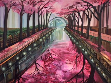 Vintage American Modern Oil Painting Cherry Blossoms Oil Painting SIgned