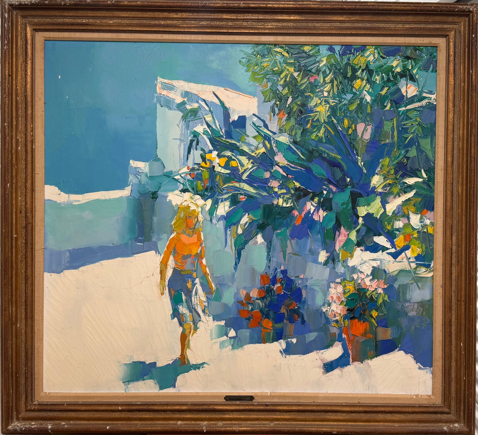 Large Vintage Italian Impressionist Nicola Simbari Oil Painting: Large Vintage Italian Impressionist Nicola Simbari Oil Painting, signed middle right, Simbari 1967, titled " #7 Staircase in Taormina", 36 x 40", 47 1/2 x 43 1/2" Framed. Ex-Wally Findley Gallery. Nic