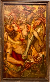 Large Impressive French Modern Art Deco Erotic Oil Painting Signed Mystery