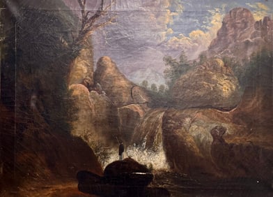 Antique 19th Century American Hudson River Style Landscape with Fisherman Mystery