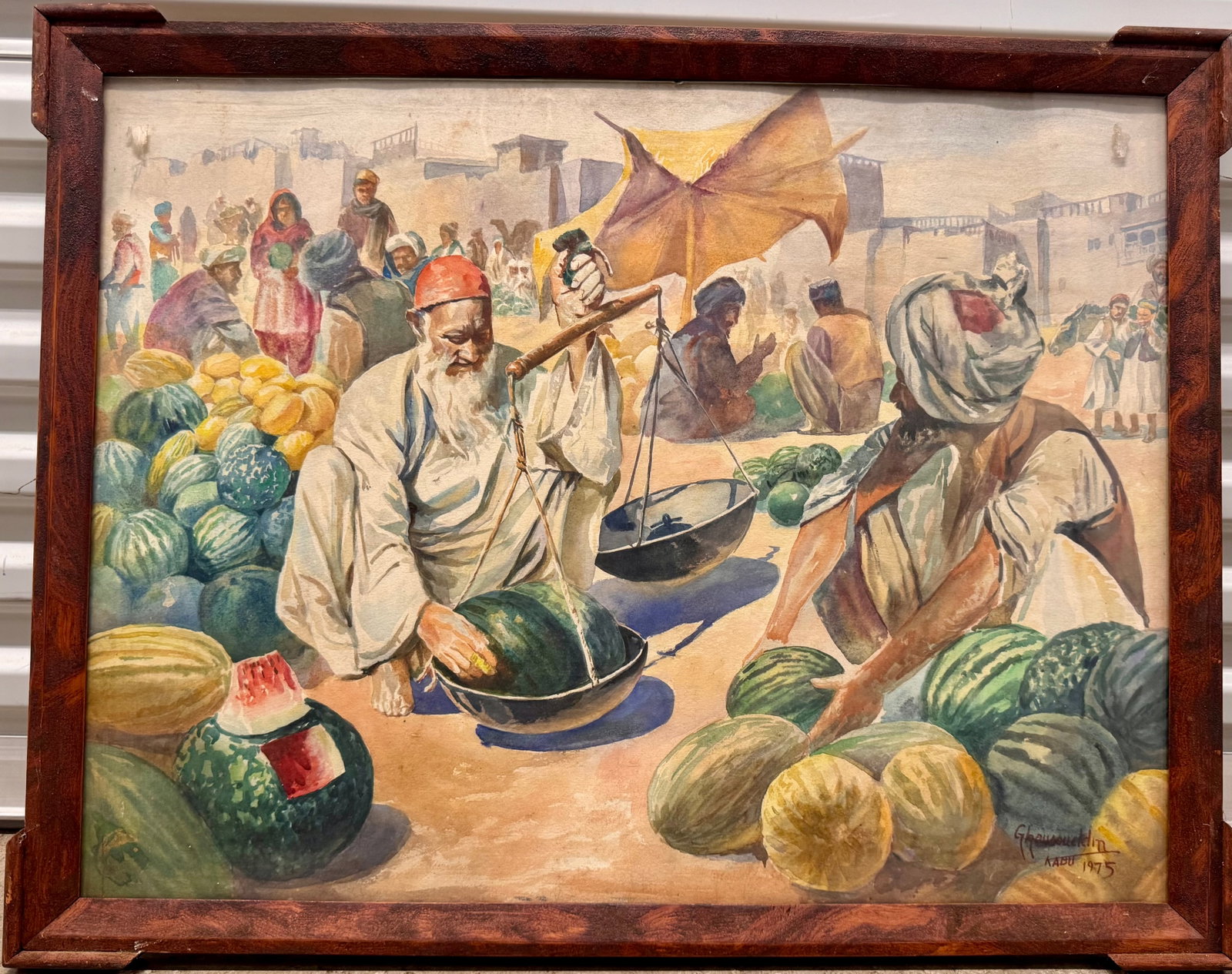 Vintage Kabul Afghanistan Impressionist Ustad Ghausuddin watercolor signed: 4 x 27 3/4", 24 1/2 x 31" framed.