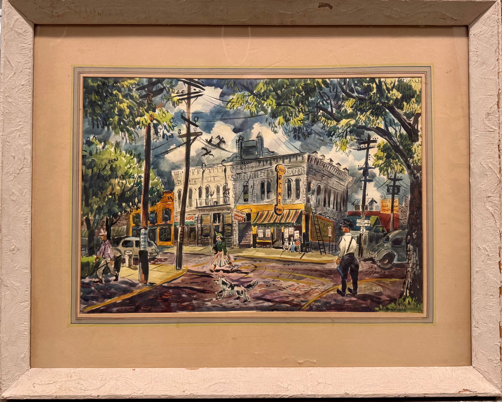 Vintage American Modern Town Scene watercolor signed "Rene" 1949 Rene Clarke (1 of 6)