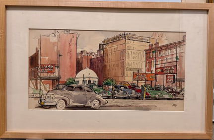 Vintage American Modern New York City Scene watercolor Ardis Hughes Signed