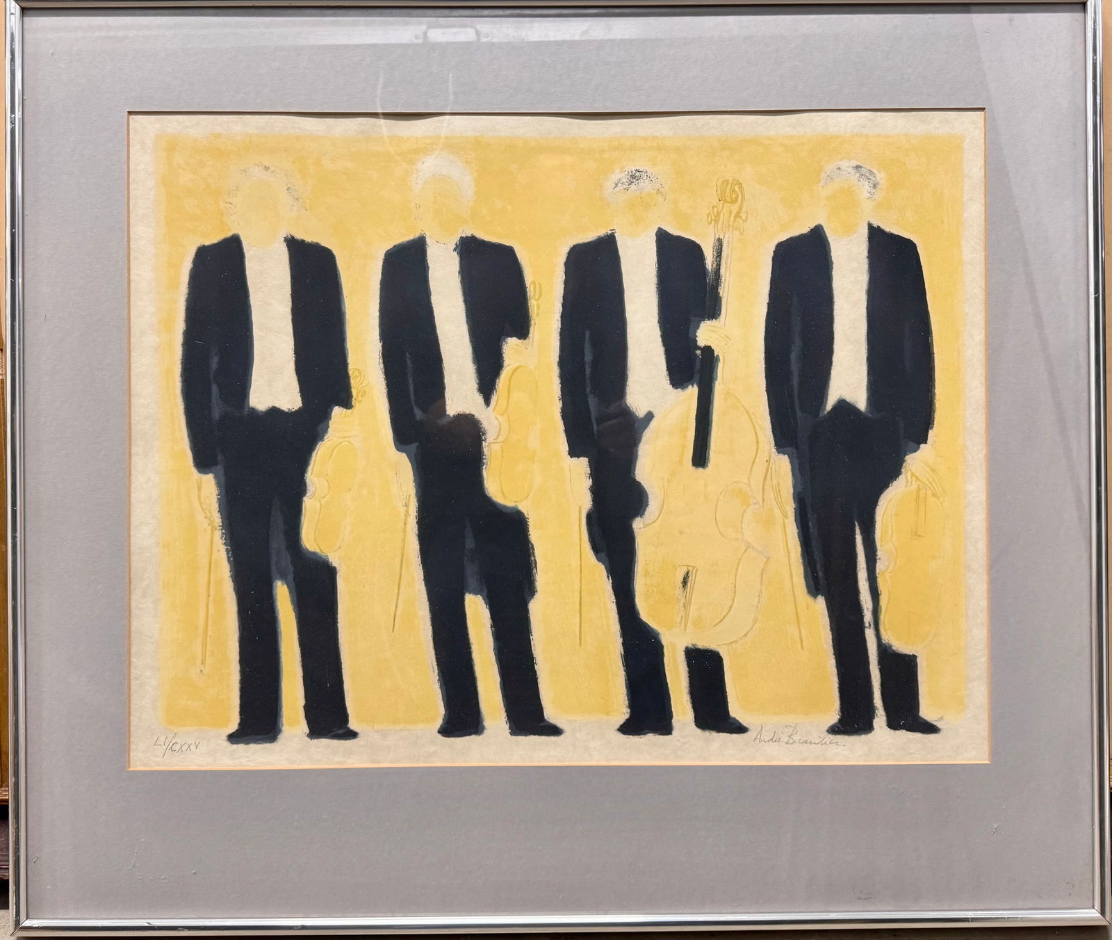 Vintage Modern French Colored Lithograph Andre Brasilier Pencil SIgned: Vintage Modern French Colored Lithograph Andre Brasilier Pencil Signed, 51/125, "Quartet", 20 3/4 x 27", 30 1/4 x 35 1/4" Framed.Born into an artistic family in 1929, Andre Brasilier has spent more th