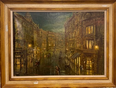Antique German Impressionist Artist Oil Painting Paris at Night SIgned