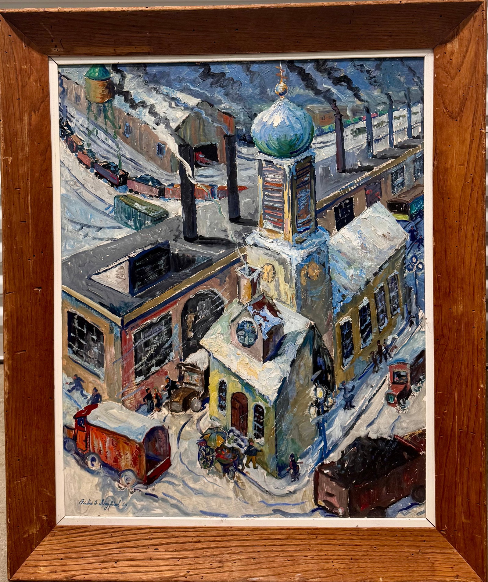 Vintage American New Jersey Modernist Friebis Siegfried Titusville Bucks County Oil painting Signed: Vintage American New Jersey Modernist Friebis Siegfried Titusville Bucks County Oil painting Signed, "Snow in a factory town or Winter in Milltown", exhibited at the Morrisville-Trenton Artist Group S