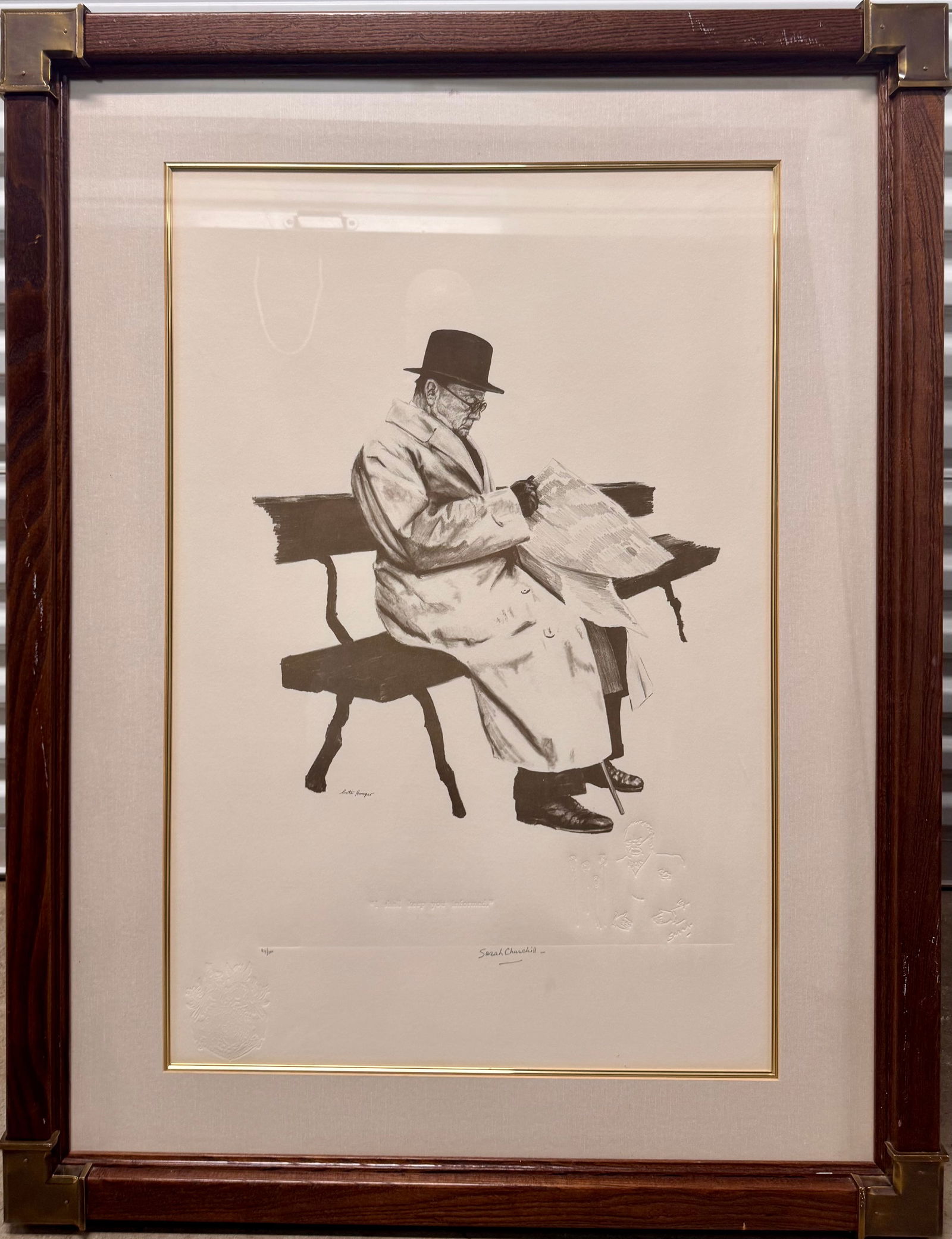 Vintage English Sarah Churchill Lithograph of Winston Churchill Pencil Signed: Vintage English Sarah Churchill Lithograph of Winston Churchill Pencil Signed, 33 x 21 3/4" image, 44 1/4 x 33 1/4" framed Sarah Churchill was born in London, the second daughter of Winston Churchill,