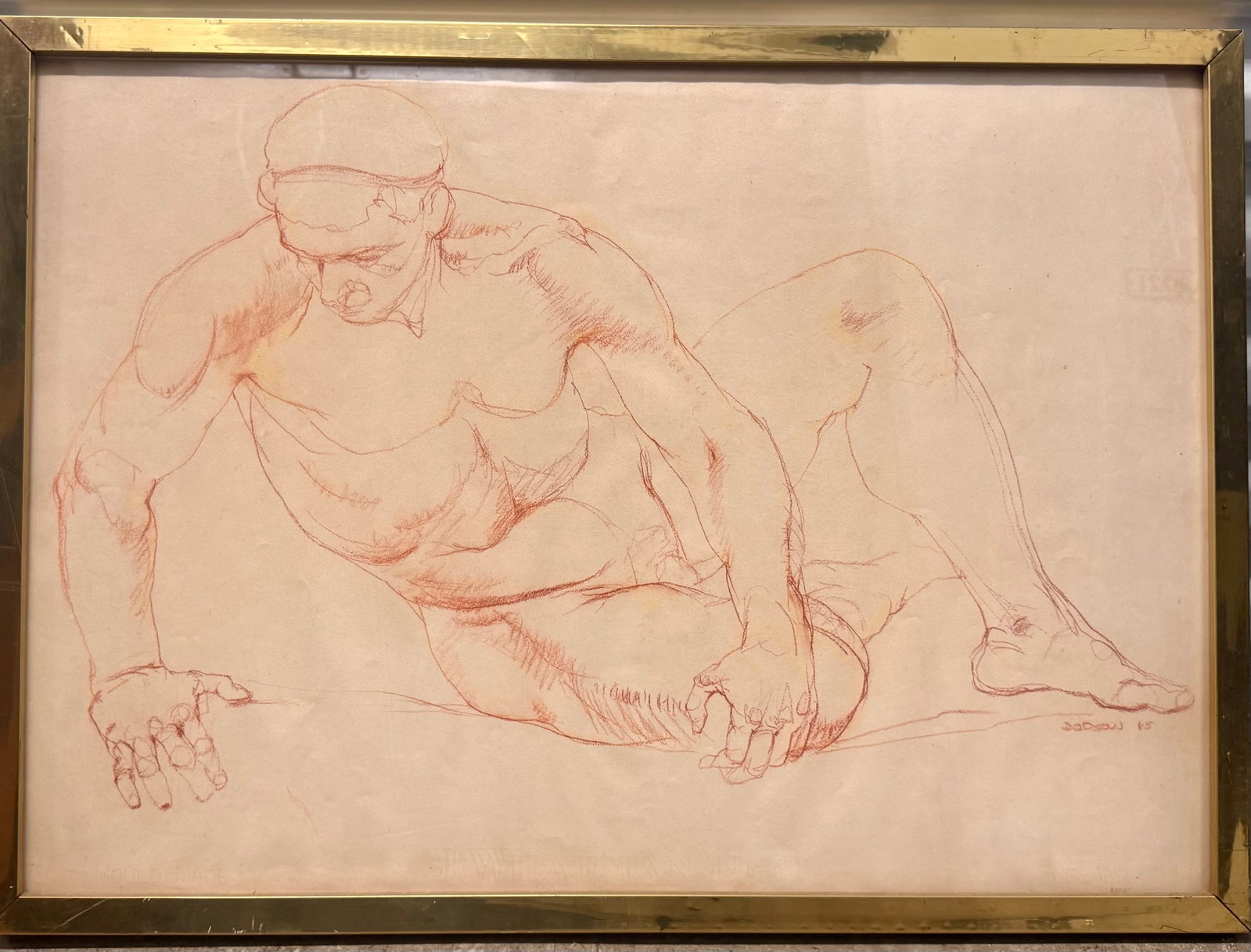 Vintage American Figurative Male Nude Study Signed Powerful: Vintage American Figurative Male Nude Study Signed Powerful realist imagery, 18 1/2 x 26 1/2", 20 1/2 x 28 1/4" Framed.