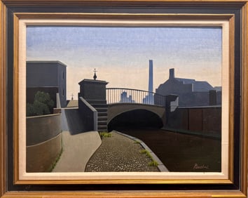 VIntage English American Oil Painting Precisionist Architectural View Signed Brian Buchel