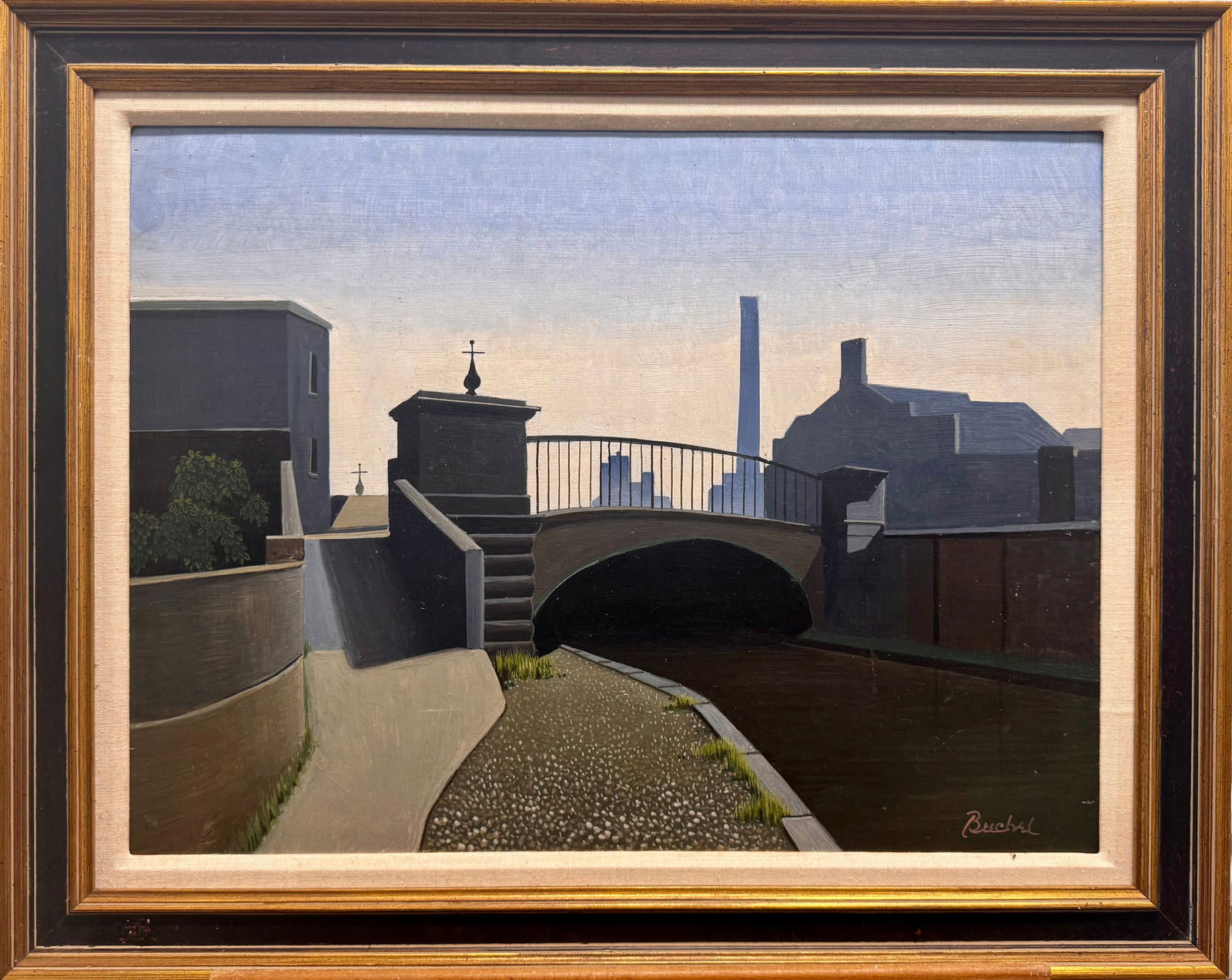 VIntage English American Oil Painting Precisionist Architectural View Signed Brian Buchel (1 of 7)