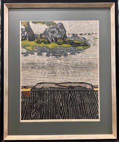 Vintage Modern Japanese Woodblock Okiie Hashimoto Pencil SIgned 1970