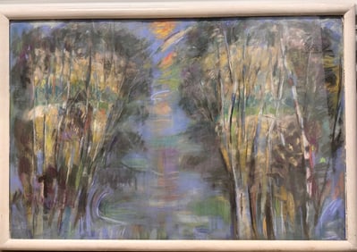 Vintage Large Abstract Watercolor Signed Trees Colorful