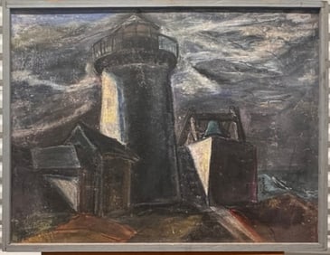 American Modernist Maine Abstract Lighthouse pastel signed