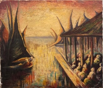 Antique Impressionist oil painting signed Harbor Scene Mystery