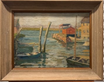 Early Impressionist Harbor Boats Scene Oil Painting Signed Mystery