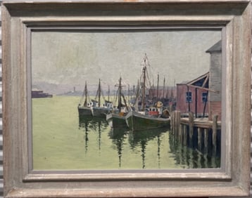Vintage American Impressionist Harbor Scene Oil Painting Signed Bissell