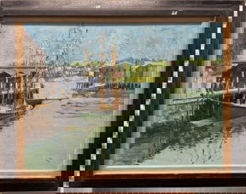American Impressionist New England Harbor scene signed Bissell Oil Painting