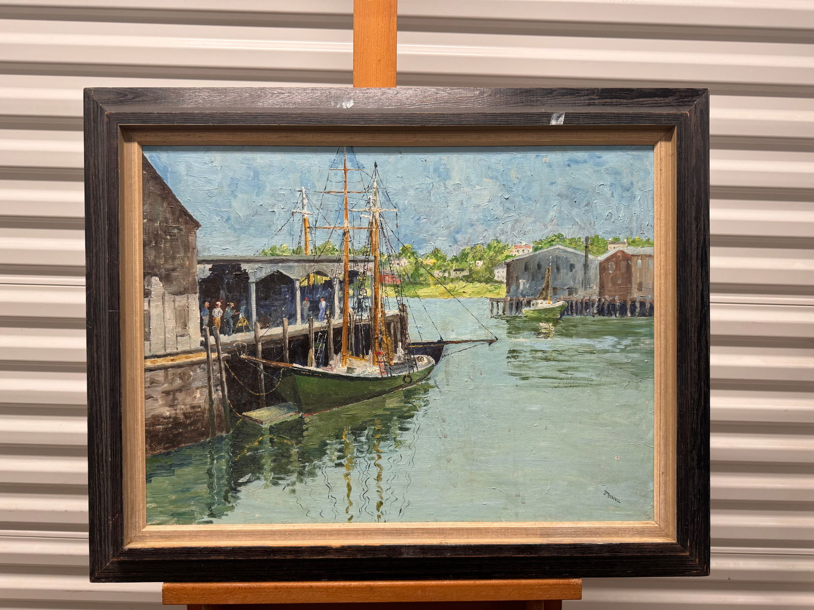 American Impressionist New England Harbor scene signed Bissell Oil Painting (1 of 6)