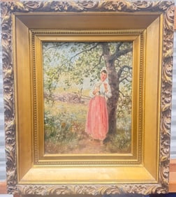 19th Century American Vermont Impressionist Theodore Robinson Oil Painting Girl under Tree