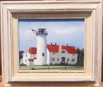 Vintage American Impressionist Cape Cod Chatham Light Peter Dutra Oil Painting Signed