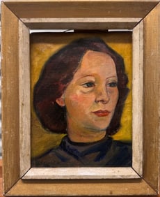 American WPA Artist Female Portrait Modernist Oil Painting Signed Illegible 1940