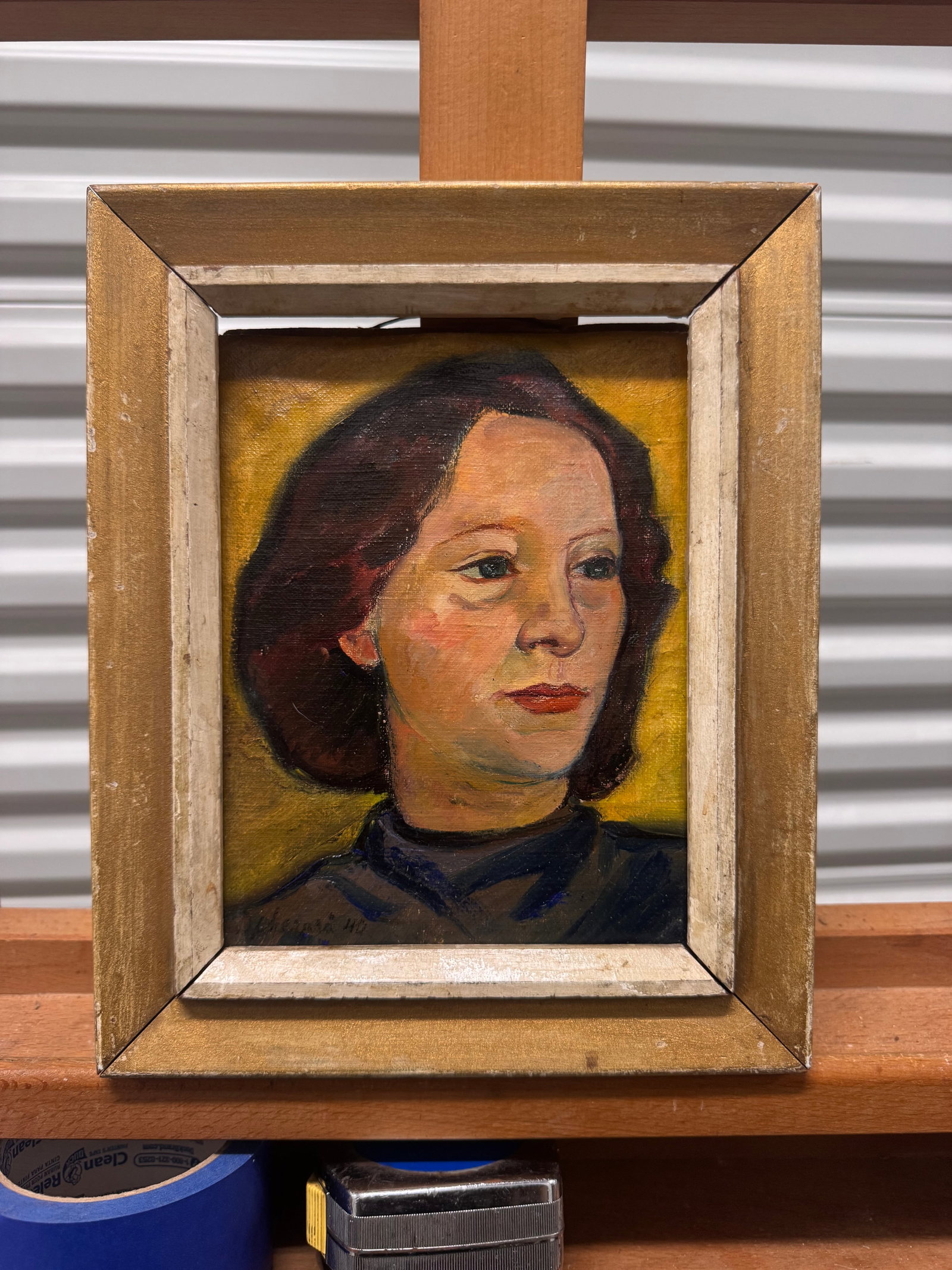 American WPA Artist Female Portrait Modernist Oil Painting Signed Illegible 1940: American WPA Artist Female Portrait Modernist Oil Painting Signed Illegible 1940, 8 x 6", 10 1/2 x 8 1/2" Framed