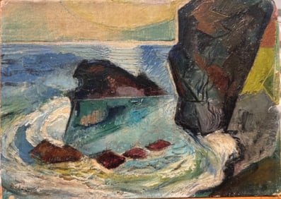 American Artist California Modernist Oil Painting WPA Signed Big Sur Beach Scene 1940