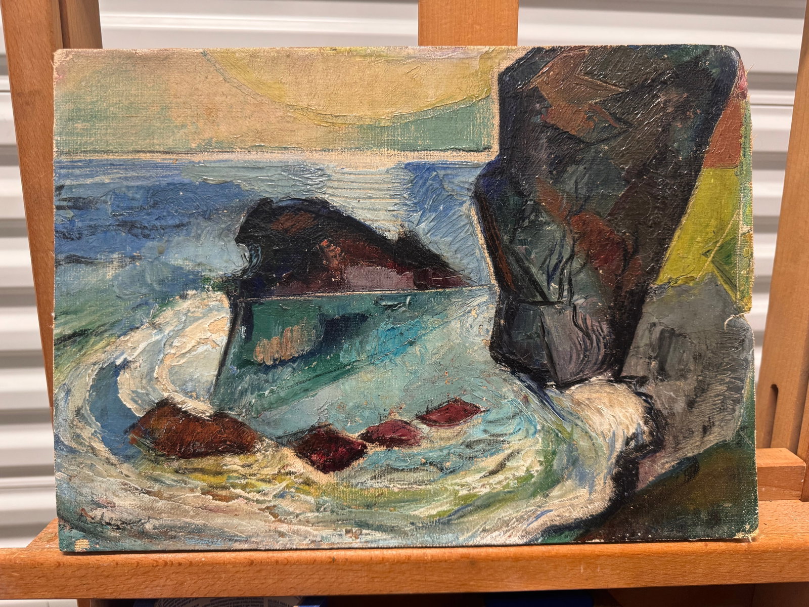 American Artist California Modernist Oil Painting WPA Signed Big Sur Beach Scene 1940: American Artist California Modernist Oil Painting WPA Signed Big Sur Beach Scene 1940