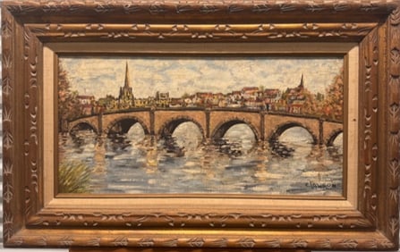 Vintage American Impressionist Oil Painting lanscape bridge signed Ernest Lawson