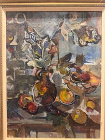 Vintage Abstract Expressionist Modern Oil Painting Still Life Flowers