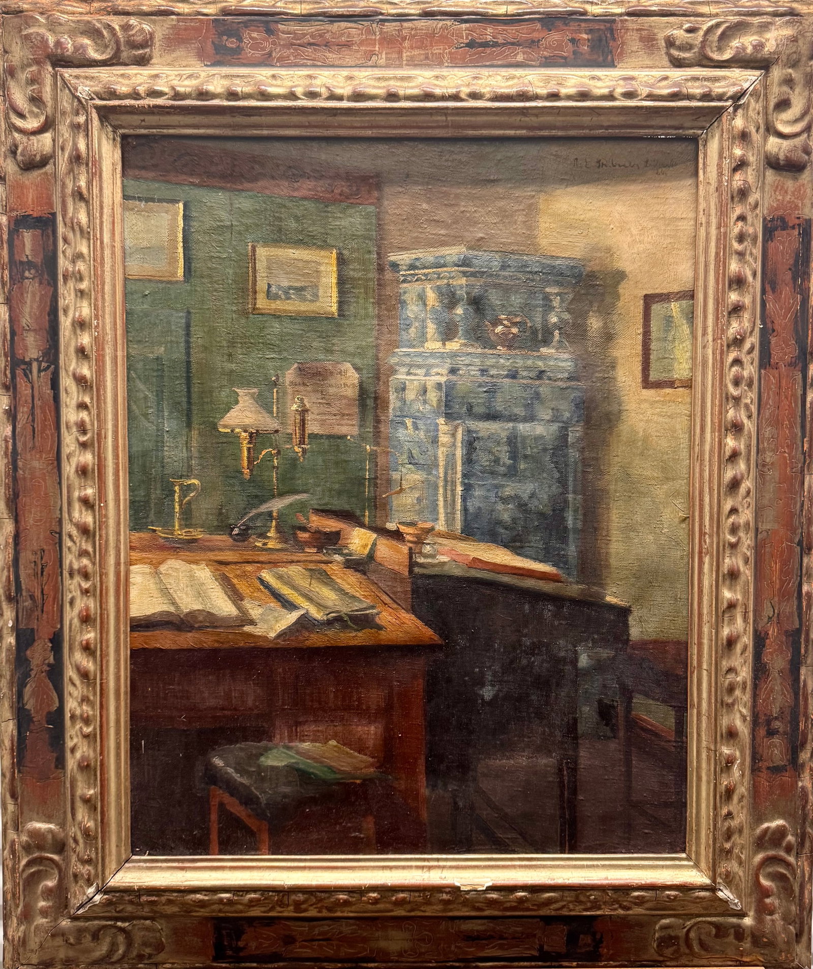 European Impressionist 1926 Oil Painting Interior Signed Illegibly Nice Frame: European Impressionist 1926 Oil Painting Interior Signed Illegibly Nice Frame, 23 x 18 1/2”, 31 x 26” Framed