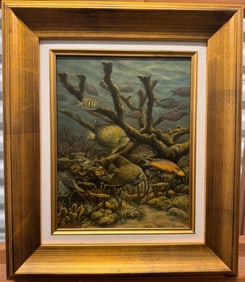 Vintage American Impressionist Tropical Fish Coral Oil Painting Signed illegibly