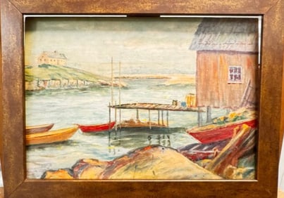 Vintage AMerican Impressionist Dock Scene River Oil Painting