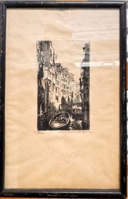 Antique Italian Impresionist Etching Canal Scene Giuseppe Miti Zanetti Pencil Signed