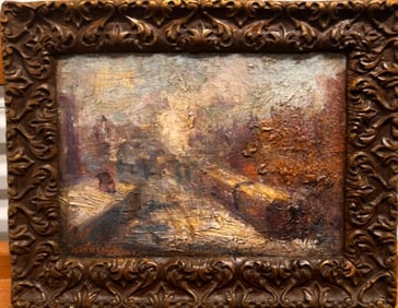 Antique American Impressionist Oil Painting New York Train Station John T. Wenger Signed