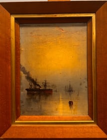 Antique 19th Century American Maritime Nautical Scene Oil On panel Signed Mystery