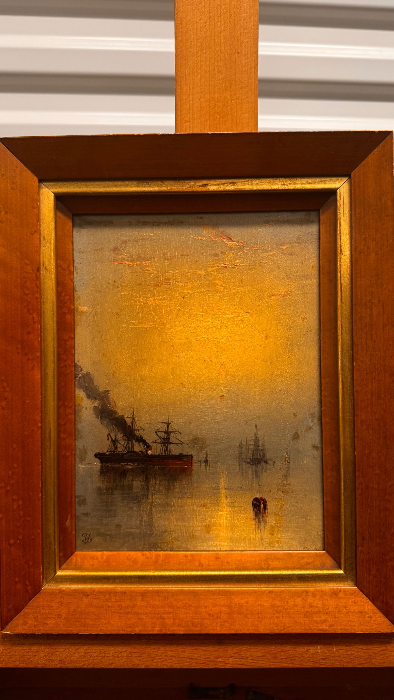 Antique 19th Century American Maritime Nautical Scene Oil On panel Signed Mystery (1 of 6)