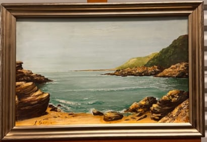 Vintage American Impressionist Coastal Beach Scene Oil Painting Signed Senton