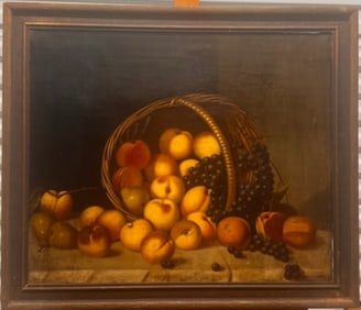 Antique American 19th Century Still-Life Peaches Signed Oil Painting
