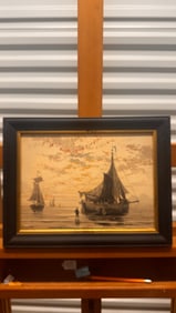 Antique French Impressionist Boat Ocean watercolor signed Paul Signac