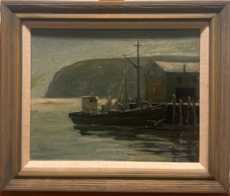 American Impressionist New England School Fishing Boat Dock Scene Oil Painting