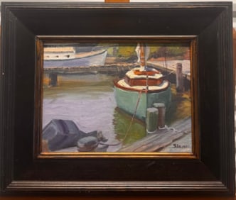 Vintage American Florida Impressionist Robert J. Simone Harbor Scene Oil Painting Signed