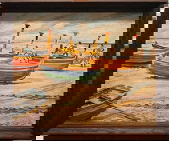 American New Mexico Modern Artist Oil Painting Boats Lloyd Lozes Goff Signed