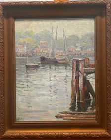 Vintage American Impressionist Oil Painting Harbor Scene Boat Signed
