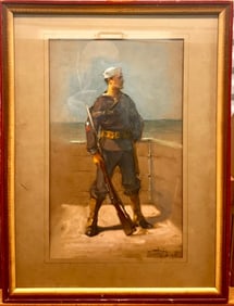 1918 Brest France Watercolor of a Stout American Navy Serviceman SIgned Illegible