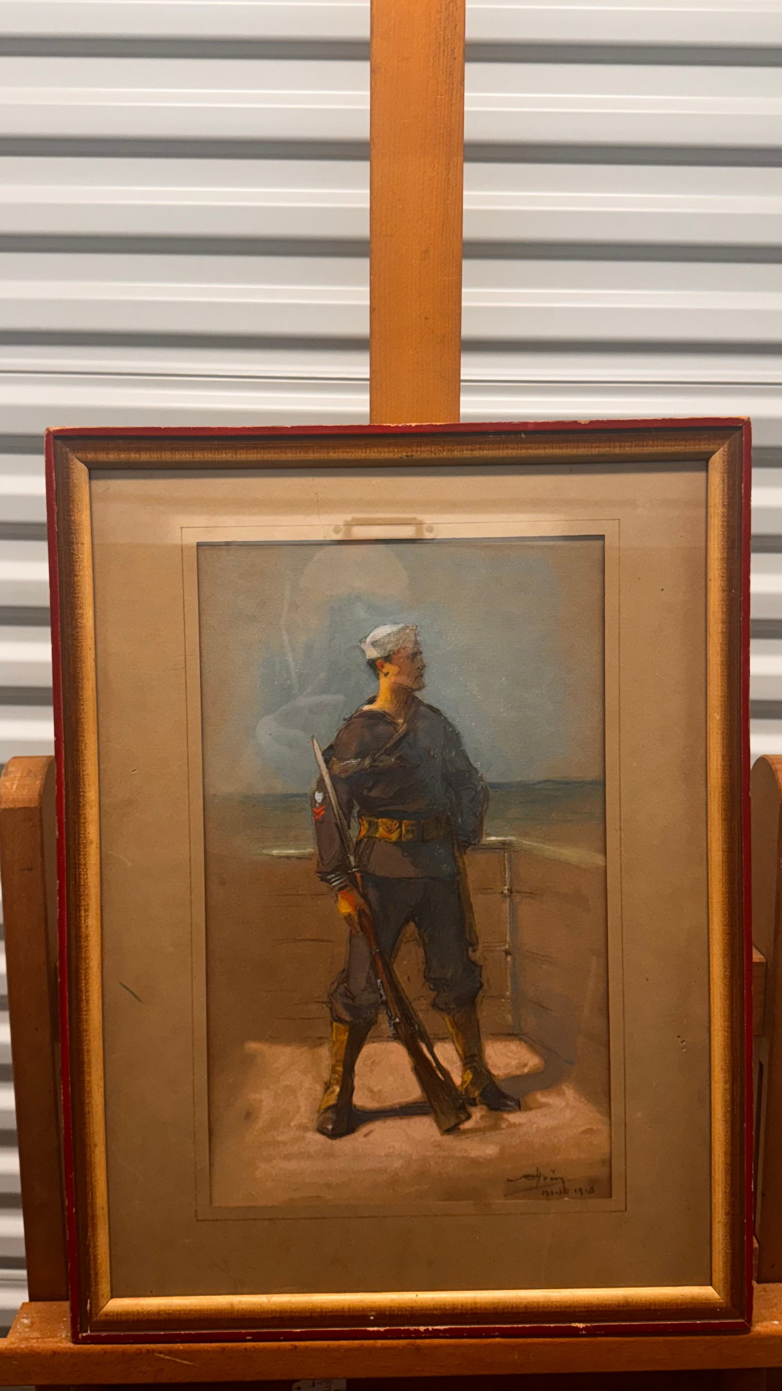 1918 Brest France Watercolor of a Stout American Navy Serviceman SIgned Illegible: !918 Brest France Watercolor of a Stout American Navy Serviceman SIgned Illegible, 15 1/2 x 9", 21 x 15 1/2" Framed