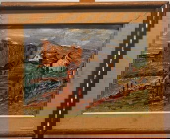 Vintage American Expressionist Modern Fishing Huts Scene Oil Painting