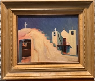 Vintage American Modernist Oil Painting Taos Pueblo New Mexico Virginia Brooks Signed